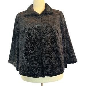 CHICO's Cropped Black Velvet Jacket Curled Lamb Look 3/4 Sleeve Fully Lined 2 L